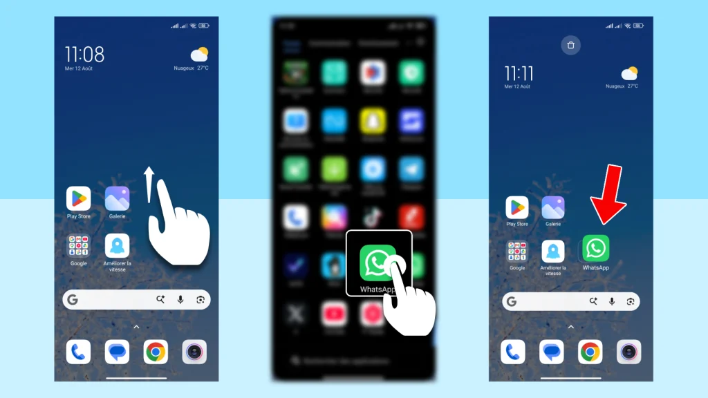 Trois captures d'écran montrant comment glisser l'icône WhatsApp du tiroir d'applications vers l'écran d'accueil Android