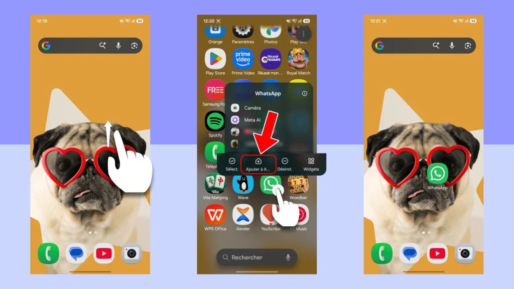 Captures d'écran Samsung : ouvrir le tiroir d'applications, appuyer longuement sur WhatsApp, puis sélectionner « Ajouter à Accueil »