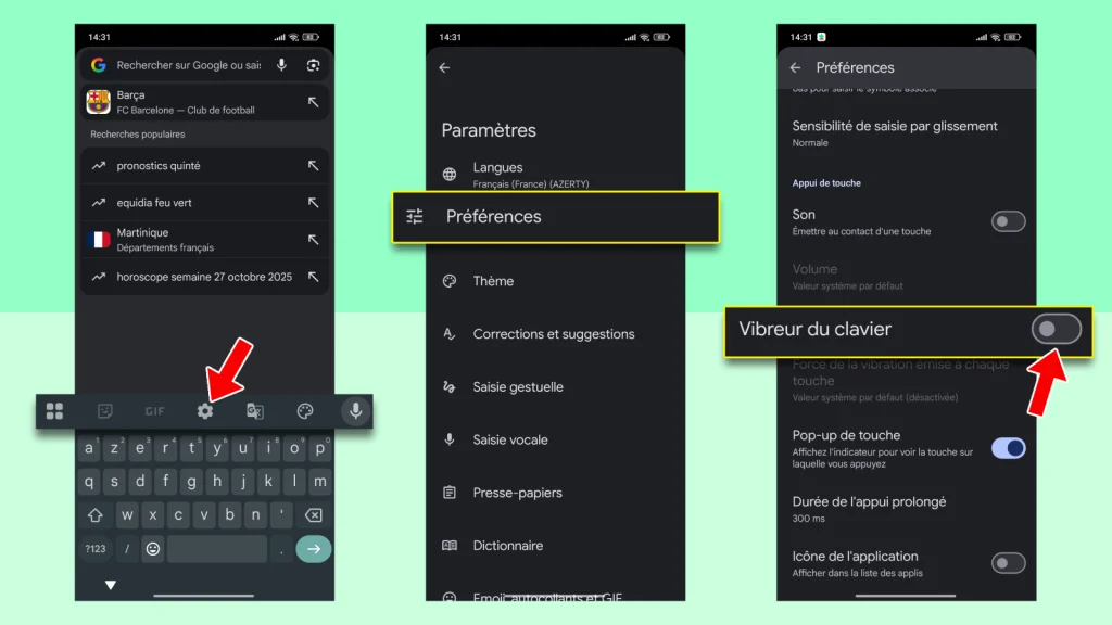 Comment enlever la vibration du clavier sur Xiaomi 4 Trois captures d'écran montrant comment accéder à l'icône paramètres du clavier Gboard, sélectionner Préférences, puis désactiver le Vibreur du clavier