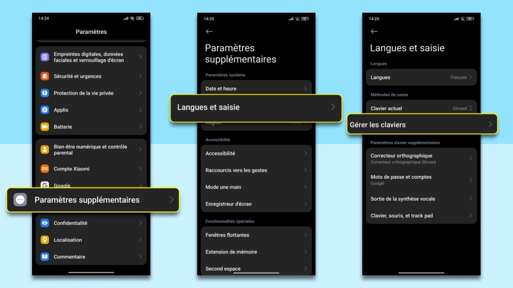 Comment enlever la vibration du clavier sur Xiaomi 2 Trois captures d'écran Xiaomi montrant la navigation : Paramètres supplémentaires, puis Langues et saisie, puis Gérer les claviers