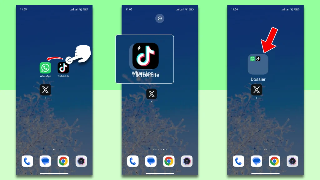 Captures d'écran illustrant la création d'un dossier en glissant l'icône TikTok Lite sur WhatsApp, puis le dossier créé sur l'écran d'accueil