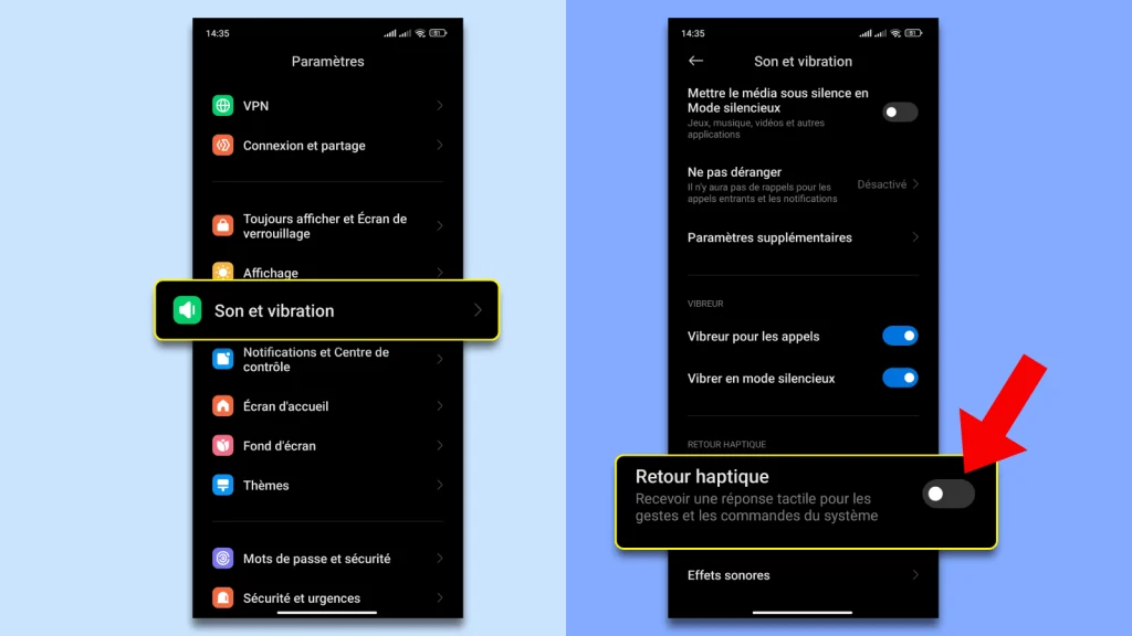 Comment enlever la vibration du clavier sur Xiaomi 5 Captures d'écran montrant comment accéder à Son et vibration dans les Paramètres, puis désactiver le Retour haptique