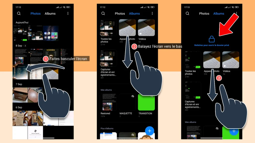 Comment cacher des photos et vidéos sur Xiaomi 3 Capture d'écran montrant les 3 étapes pour ouvrir l'album privé : basculer vers Albums, balayer vers le bas, relâcher sur le cadenas