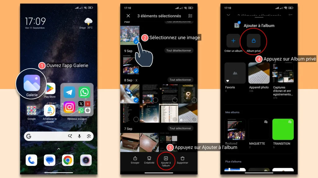 Comment cacher des photos et vidéos sur Xiaomi 2 Capture d'écran montrant les étapes pour cacher des photos sur Xiaomi : ouvrir Galerie, sélectionner une image, appuyer sur Ajouter à l'album, puis choisir Album privé