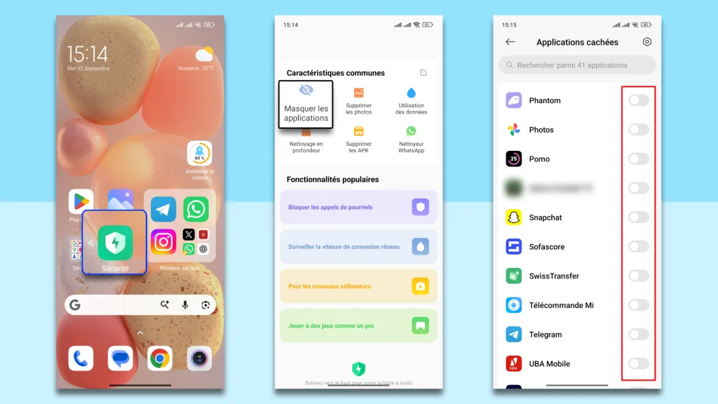 Comment cacher une application sur Xiaomi, Redmi et la retrouver 2 Captures d'écran : ouvrir Sécurité, appuyer sur Masquer les applications, puis activer les interrupteurs des applications à cacher