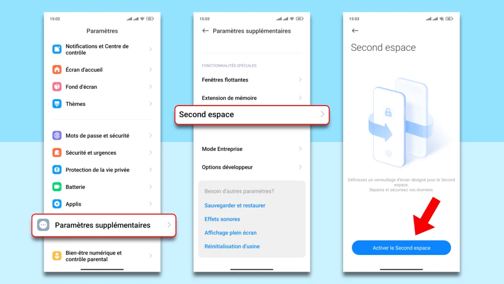 Comment cacher une application sur Xiaomi, Redmi et la retrouver 4 Captures d'écran montrant le chemin Paramètres > Paramètres supplémentaires > Second espace, puis le bouton Activer le Second espace