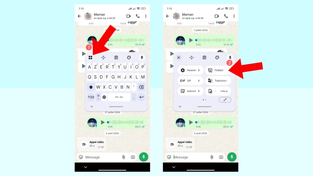 Comment remettre le clavier à sa place sur Android 3 Capture d'écran montrant l'appui sur les quatre carrés du clavier Gboard puis sur "Flottant" pour désactiver le mode flottant