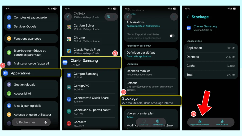 Comment remettre le clavier à sa place sur Android 5 Étapes pour réinitialiser le clavier Samsung: Applications > Clavier Samsung > Stockage > Supprimer les données