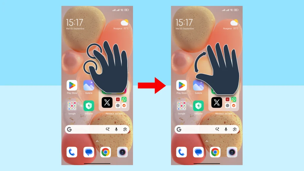 Comment cacher une application sur Xiaomi, Redmi et la retrouver 5 Capture d'écran montrant le geste à deux doigts, doigts rapprochés puis écartés sur l'écran d'accueil, pour afficher les applications cachées sur Xiaomi