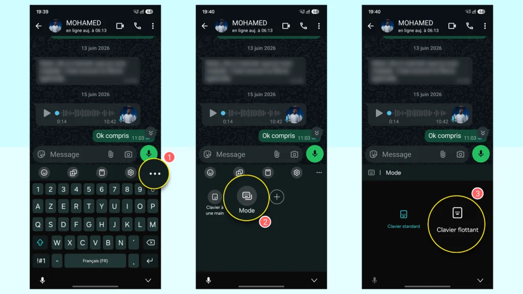Comment remettre le clavier à sa place sur Android 4 Trois captures montrant comment désactiver le clavier flottant Samsung: appuyer sur les trois points, puis « Mode », puis choisir « Clavier flottant »