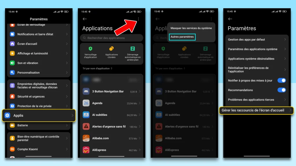 Comment cacher une application sur Xiaomi, Redmi et la retrouver 3 Captures d'écran des étapes Paramètres > Applis > Autres paramètres > Gérer les raccourcis de l'écran d'accueil sur HyperOS