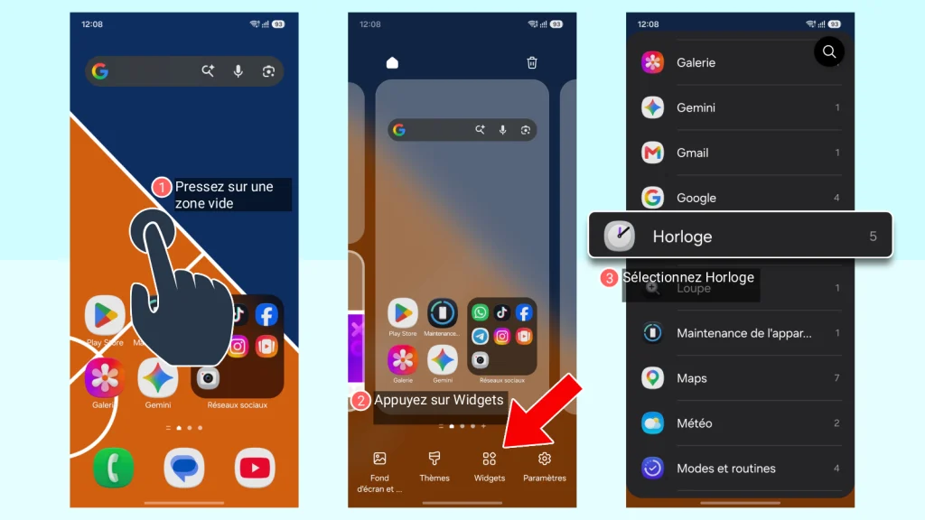 Étapes pour ajouter le widget Horloge : appui long sur l'écran, appuyer sur Widgets, puis sélectionner Horloge dans la liste
