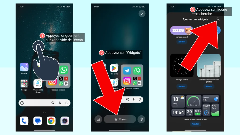 Trois captures d'écran montrant les étapes 1 à 3 pour ajouter un widget horloge sur un Xiaomi sous MIUI : appui long sur l'écran d'accueil, puis sur Widgets, puis sur l'icône recherche