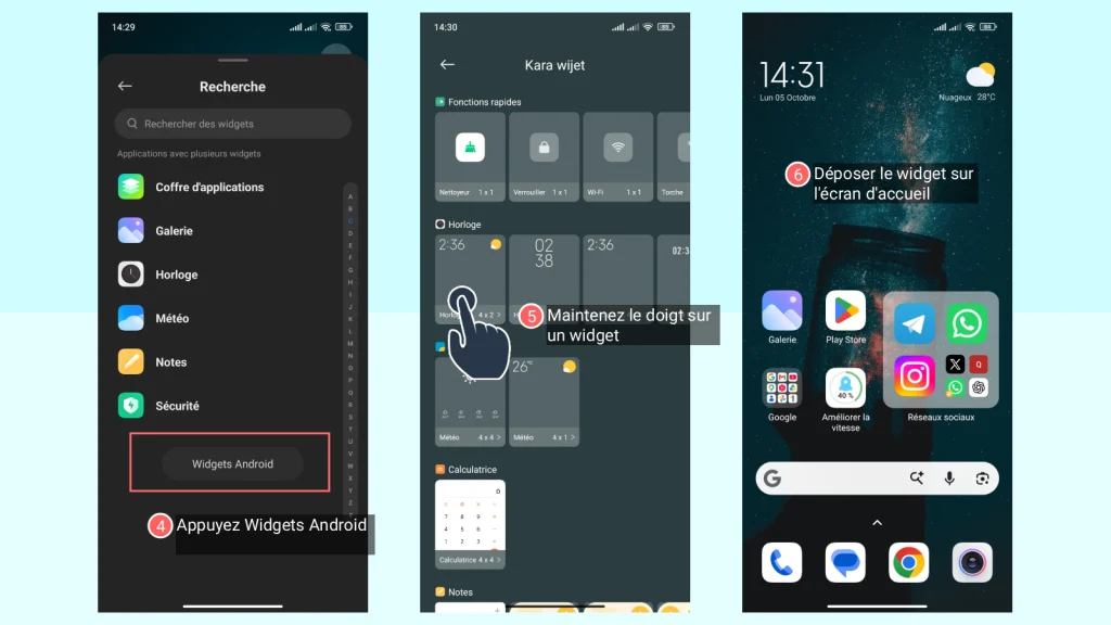 Captures d'écran montrant les étapes 4 à 6 pour ajouter le widget horloge sur MIUI : appuyer sur Widgets Android, maintenir le doigt sur le widget horloge choisi, puis le déposer sur l'écran d'accueil