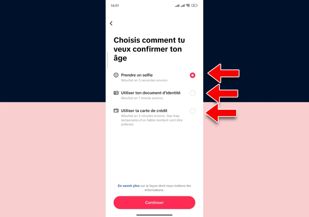 Écran TikTok « Choisis comment tu veux confirmer ton âge » avec trois options : selfie, document d'identité, carte de crédit