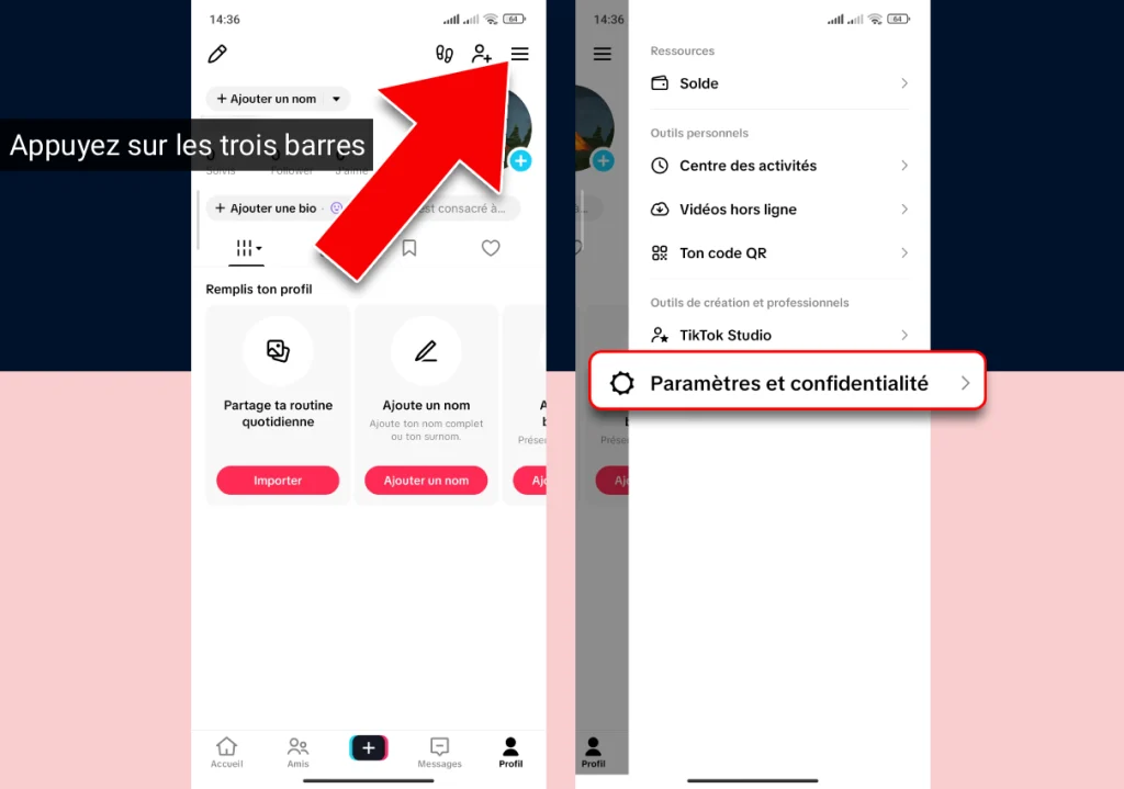Capture d'écran TikTok montrant l'icône des trois barres sur le profil, puis le menu avec l'option Paramètres et confidentialité en surbrillance