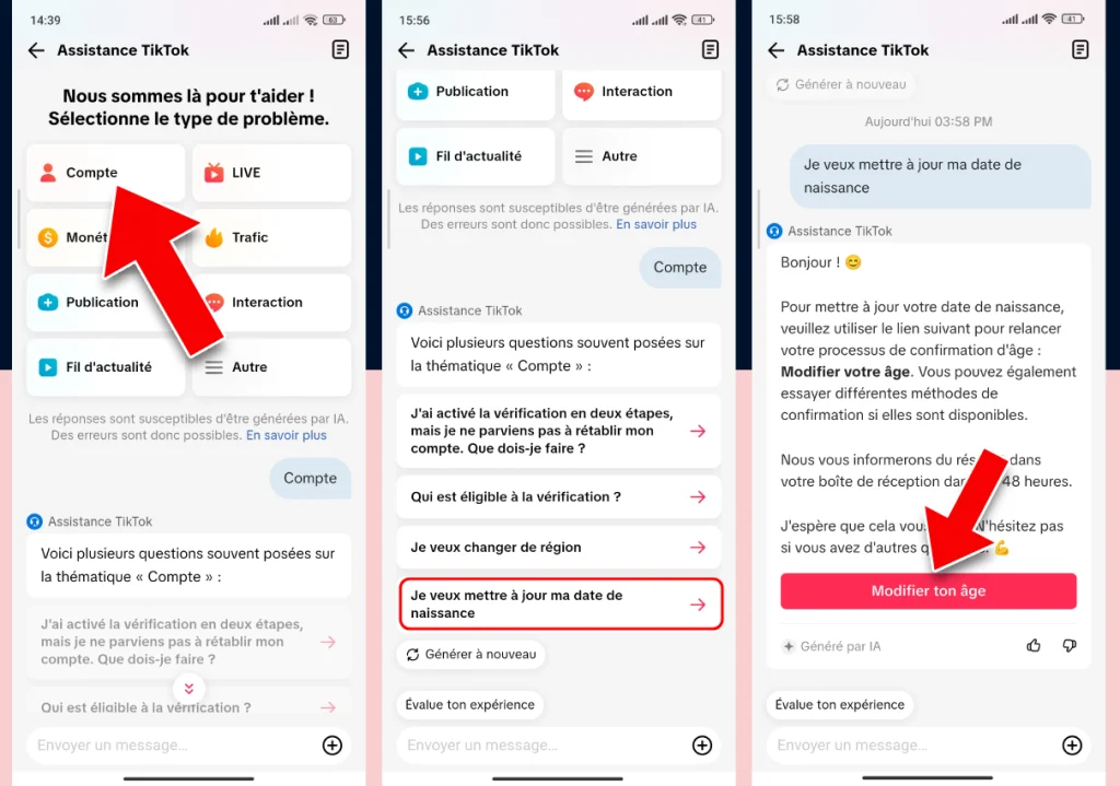 Capture d'écran du support TikTok : sélection « Compte », puis « Je veux mettre à jour ma date de naissance », puis clic sur « Modifier ton âge »