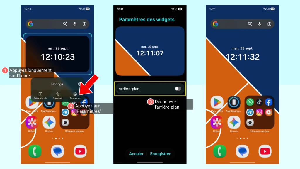Étapes pour désactiver l'arrière-plan du widget horloge : appui long sur l'heure, Paramètres, puis désactiver Arrière-plan