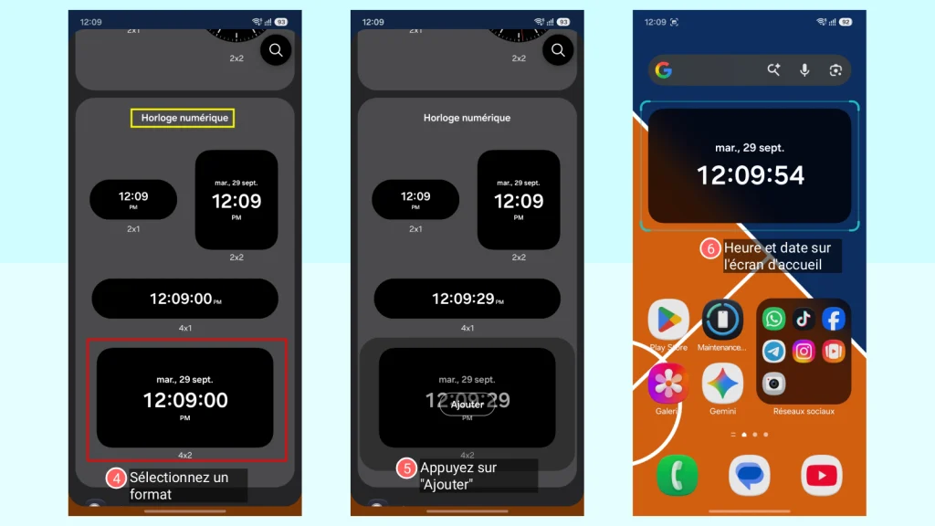 Captures d'écran montrant le choix du format d'horloge numérique, puis le bouton Ajouter, et enfin l'heure et la date affichées sur l'écran d'accueil Samsung